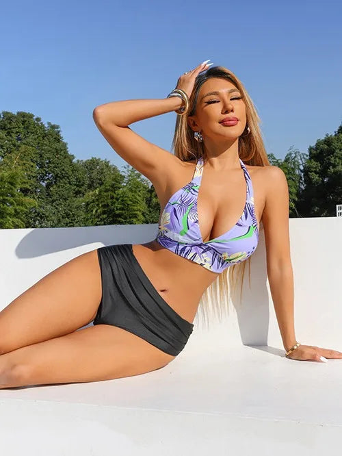 Fashion Floral Print Beachwear Summer Women's Swimwear Sexy Swimwear Ladies Two Pieces High Waisted Bikini Halter Swimwear S-XL