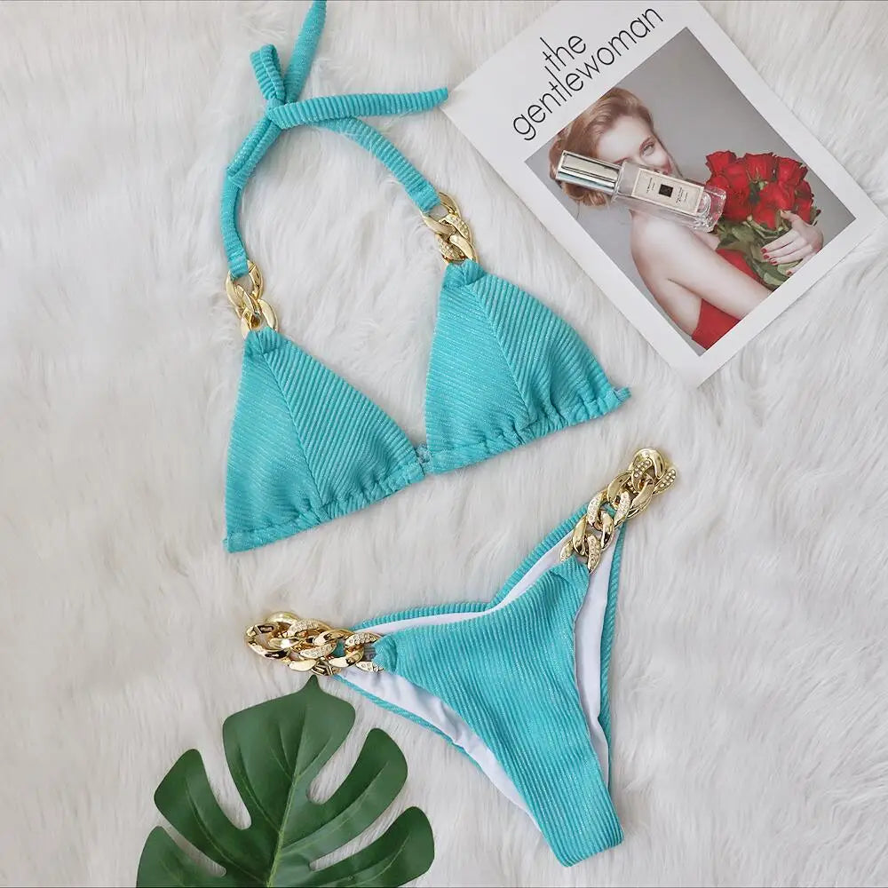 2024 New Bikini Golden Diamond Chain Split Swimsuit Sexy Special Fabric Women's Swimwear in Stock Jewelry Swimwear
