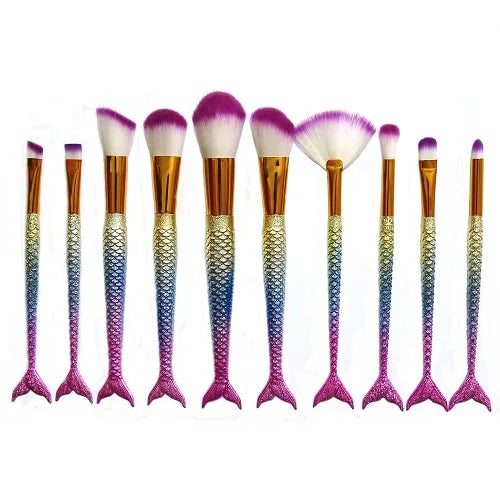 10PCS Mermaid Shape Makeup Brush Fish Scale Foundation Powder Eyeshadow Unicorn Makeup Brushes Contour Blending Cosmetic Brushes