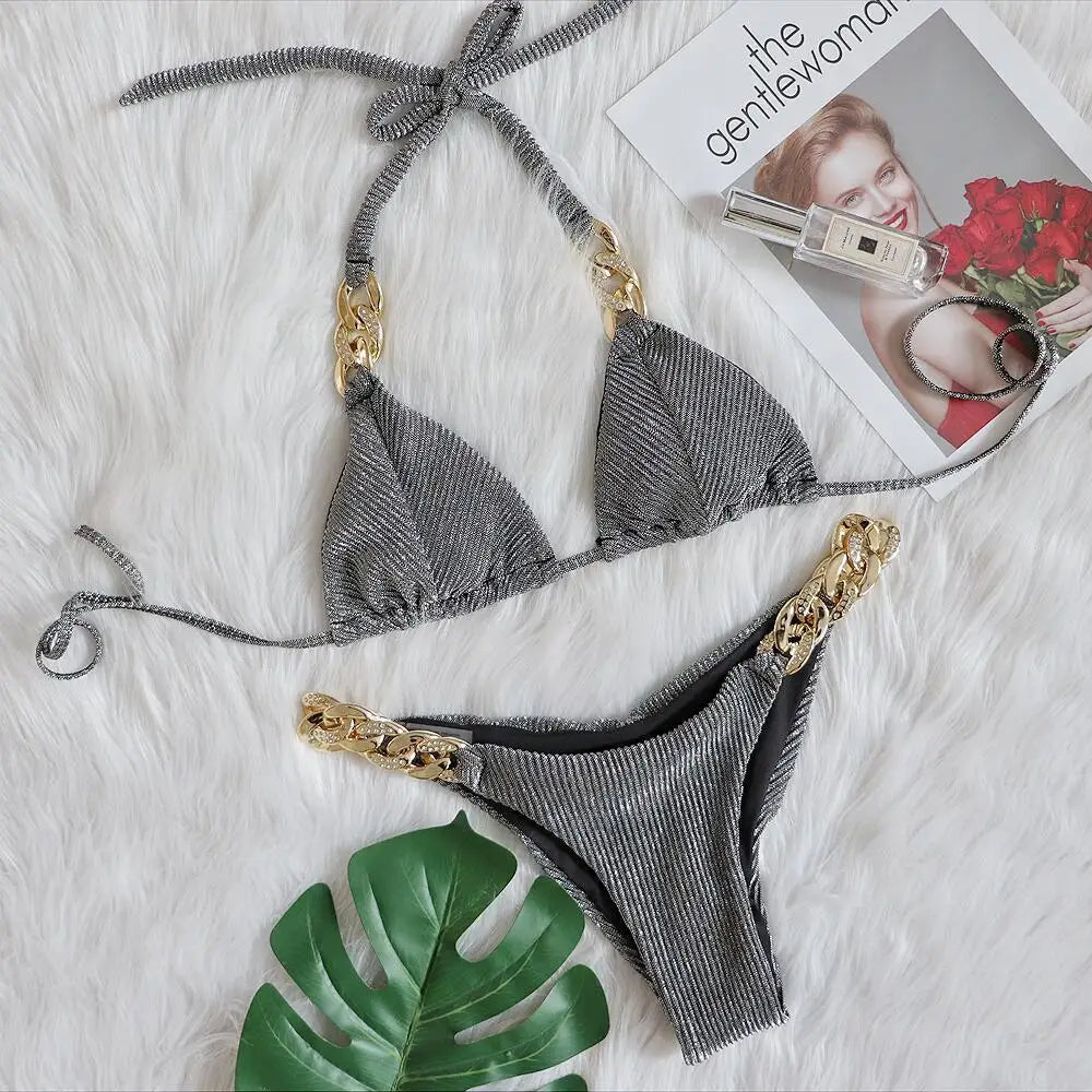 2024 New Bikini Golden Diamond Chain Split Swimsuit Sexy Special Fabric Women's Swimwear in Stock Jewelry Swimwear