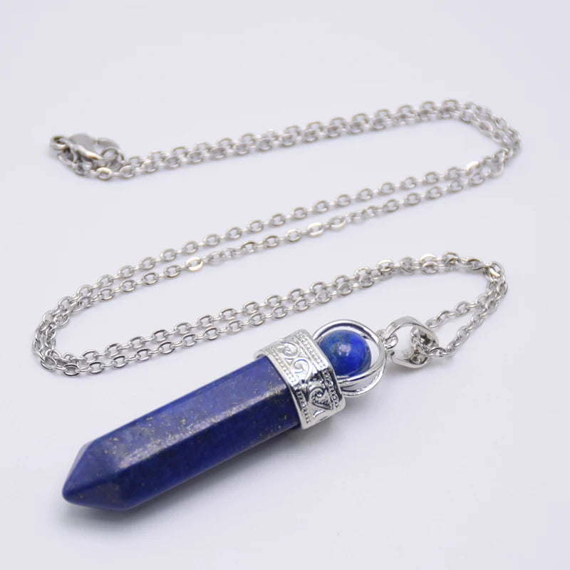 Natural Stone Healing Pendant Round Bead Pointed Hexagon Column White Pink Purple Crystal Pillar Pendants Necklace for Women Men