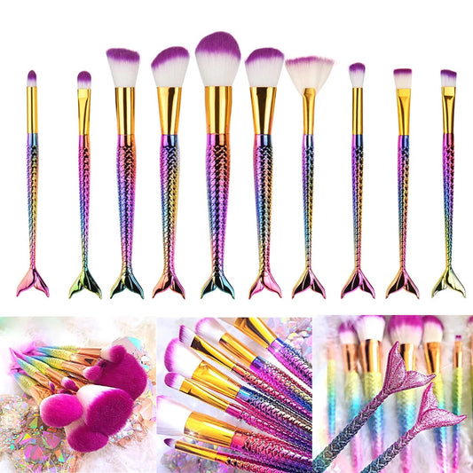 10PCS Mermaid Shape Makeup Brush Fish Scale Foundation Powder Eyeshadow Unicorn Makeup Brushes Contour Blending Cosmetic Brushes