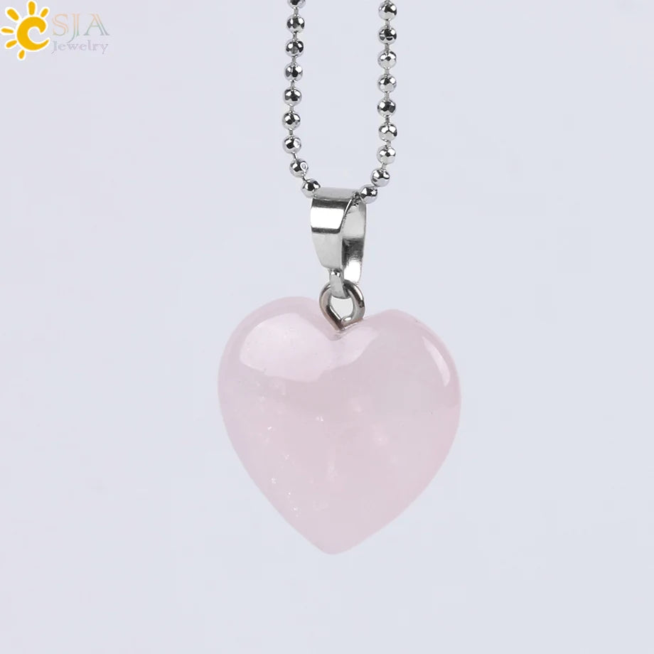 CSJA Heart Crystals Natural Stone Necklaces  Pendants Women Carnelian Pink Quartz Clear Amethysts Crystal Healing Necklace E594