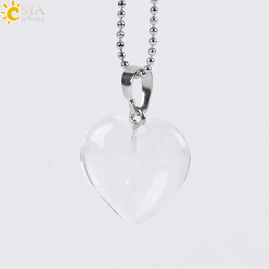 CSJA Heart Crystals Natural Stone Necklaces  Pendants Women Carnelian Pink Quartz Clear Amethysts Crystal Healing Necklace E594
