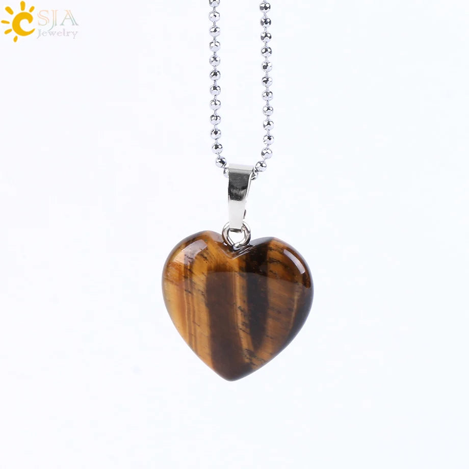 CSJA Heart Crystals Natural Stone Necklaces  Pendants Women Carnelian Pink Quartz Clear Amethysts Crystal Healing Necklace E594