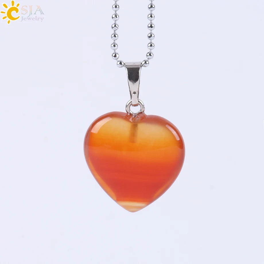 CSJA Heart Crystals Natural Stone Necklaces  Pendants Women Carnelian Pink Quartz Clear Amethysts Crystal Healing Necklace E594