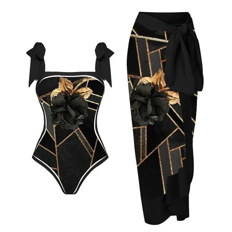 Two Pieces Set 3D Flower Print Set Swim Dress With High-Waisted Bottoms Women's Swimwear Cover up Beachsuit