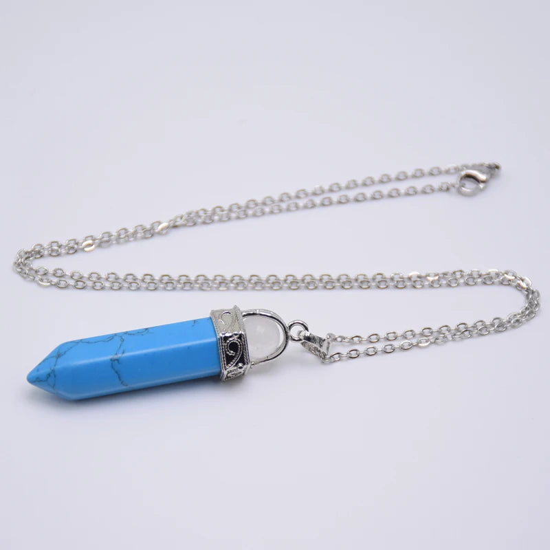 Natural Stone Healing Pendant Round Bead Pointed Hexagon Column White Pink Purple Crystal Pillar Pendants Necklace for Women Men