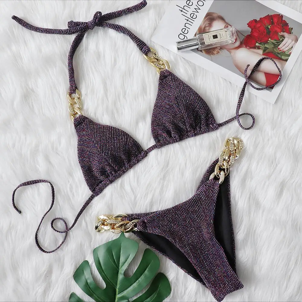 2024 New Bikini Golden Diamond Chain Split Swimsuit Sexy Special Fabric Women's Swimwear in Stock Jewelry Swimwear