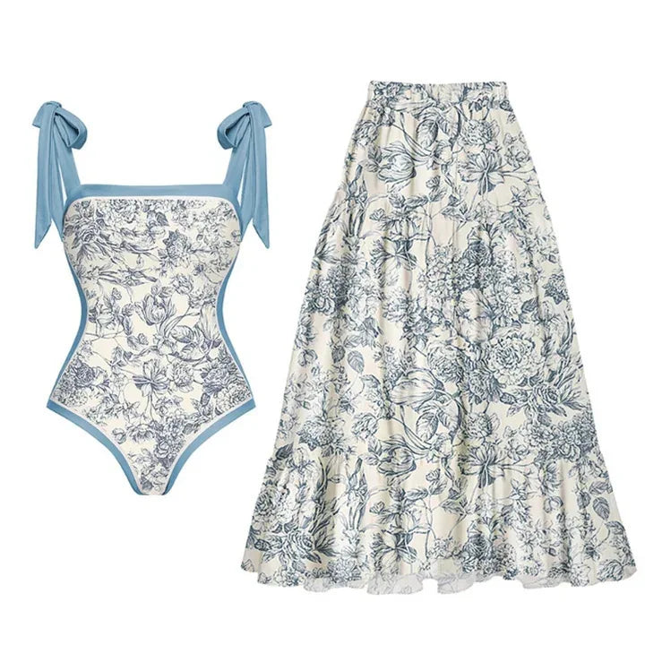 Two Pieces Set 3D Flower Print Set Swim Dress With High-Waisted Bottoms Women's Swimwear Cover up Beachsuit