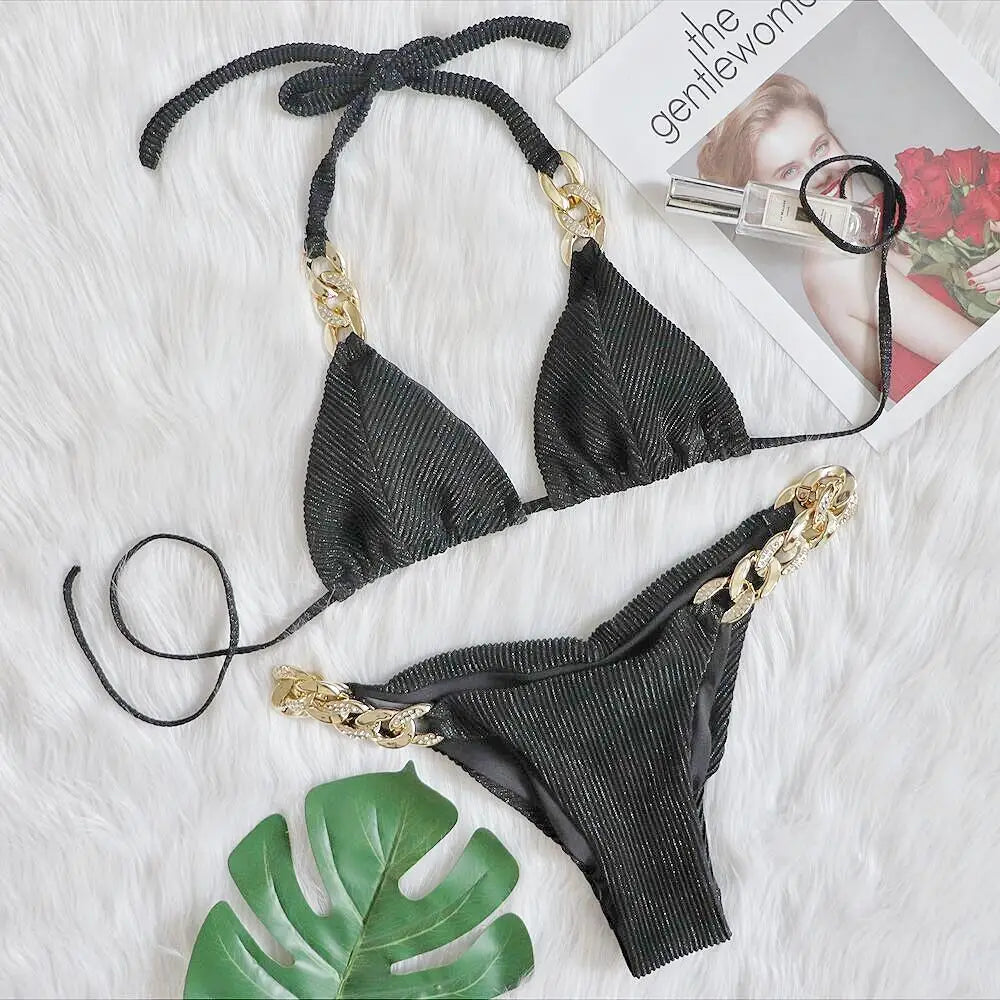 2024 New Bikini Golden Diamond Chain Split Swimsuit Sexy Special Fabric Women's Swimwear in Stock Jewelry Swimwear