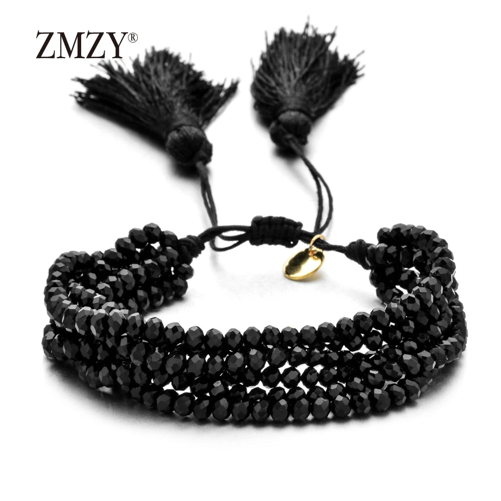 ZMZY Pink Boho Handmade Crystal Bead Bracelets Elastic Glass Beaded Layered Stacked Bracelet Tassel Jewelry Friends Gift