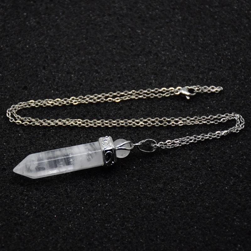 Natural Stone Healing Pendant Round Bead Pointed Hexagon Column White Pink Purple Crystal Pillar Pendants Necklace for Women Men