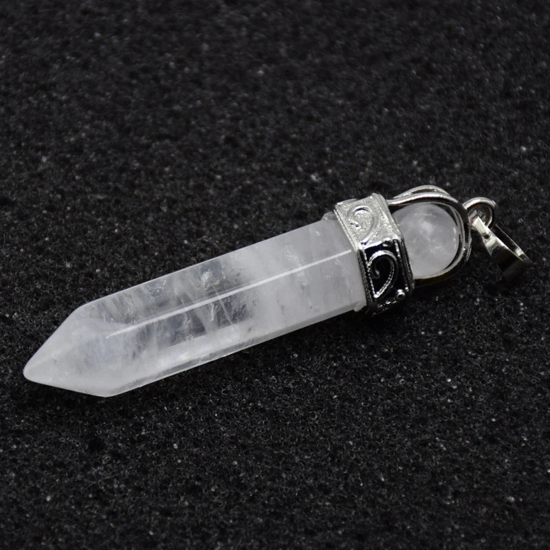 Natural Stone Healing Pendant Round Bead Pointed Hexagon Column White Pink Purple Crystal Pillar Pendants Necklace for Women Men