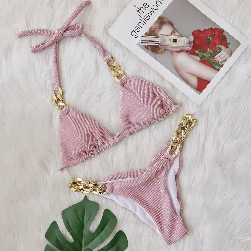 2024 New Bikini Golden Diamond Chain Split Swimsuit Sexy Special Fabric Women's Swimwear in Stock Jewelry Swimwear