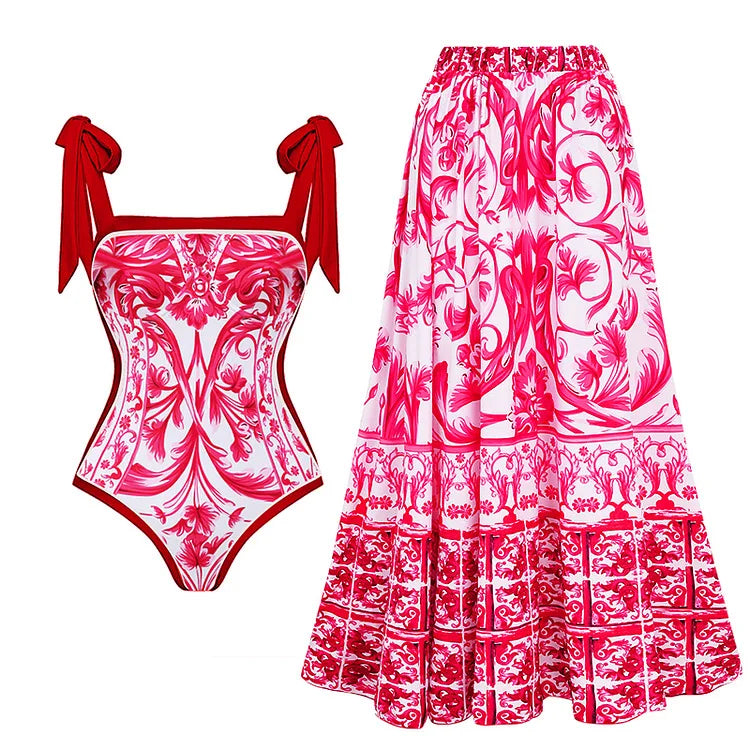 Two Pieces Set 3D Flower Print Set Swim Dress With High-Waisted Bottoms Women's Swimwear Cover up Beachsuit