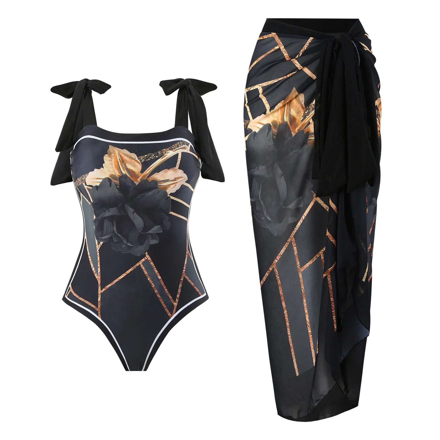 Two Pieces Set 3D Flower Print Set Swim Dress With High-Waisted Bottoms Women's Swimwear Cover up Beachsuit