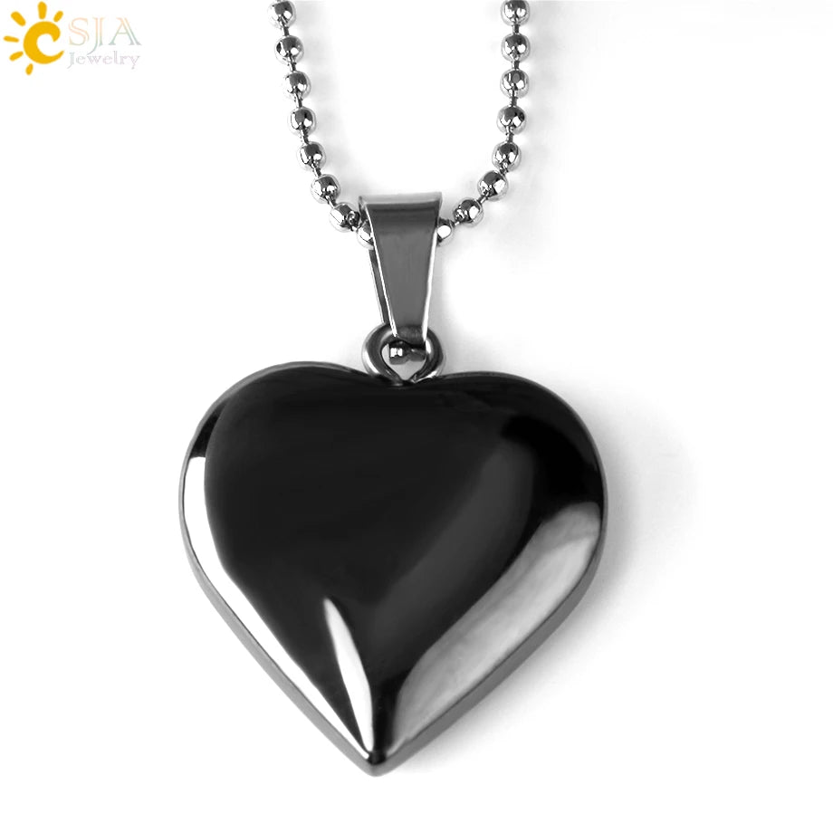 CSJA Heart Crystals Natural Stone Necklaces  Pendants Women Carnelian Pink Quartz Clear Amethysts Crystal Healing Necklace E594
