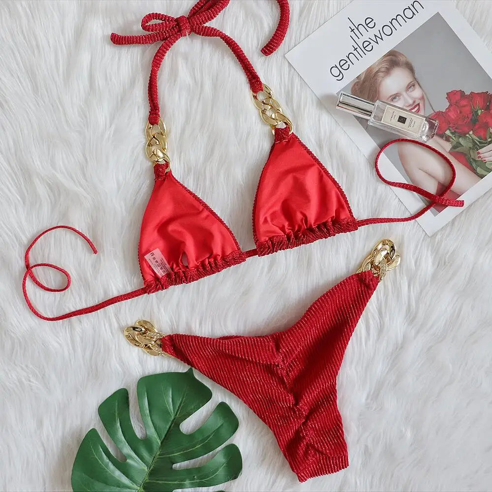 2024 New Bikini Golden Diamond Chain Split Swimsuit Sexy Special Fabric Women's Swimwear in Stock Jewelry Swimwear