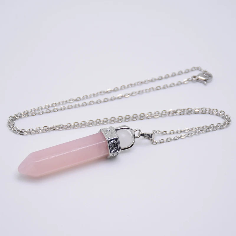 Natural Stone Healing Pendant Round Bead Pointed Hexagon Column White Pink Purple Crystal Pillar Pendants Necklace for Women Men