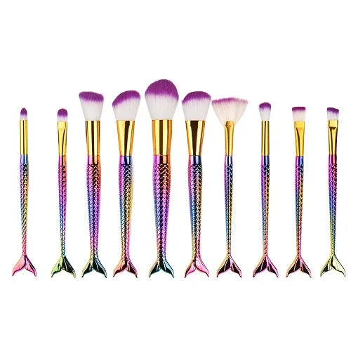 10PCS Mermaid Shape Makeup Brush Fish Scale Foundation Powder Eyeshadow Unicorn Makeup Brushes Contour Blending Cosmetic Brushes