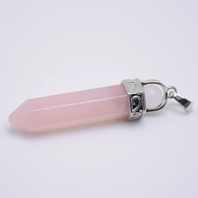 Natural Stone Healing Pendant Round Bead Pointed Hexagon Column White Pink Purple Crystal Pillar Pendants Necklace for Women Men