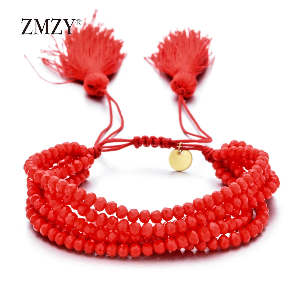 ZMZY Pink Boho Handmade Crystal Bead Bracelets Elastic Glass Beaded Layered Stacked Bracelet Tassel Jewelry Friends Gift