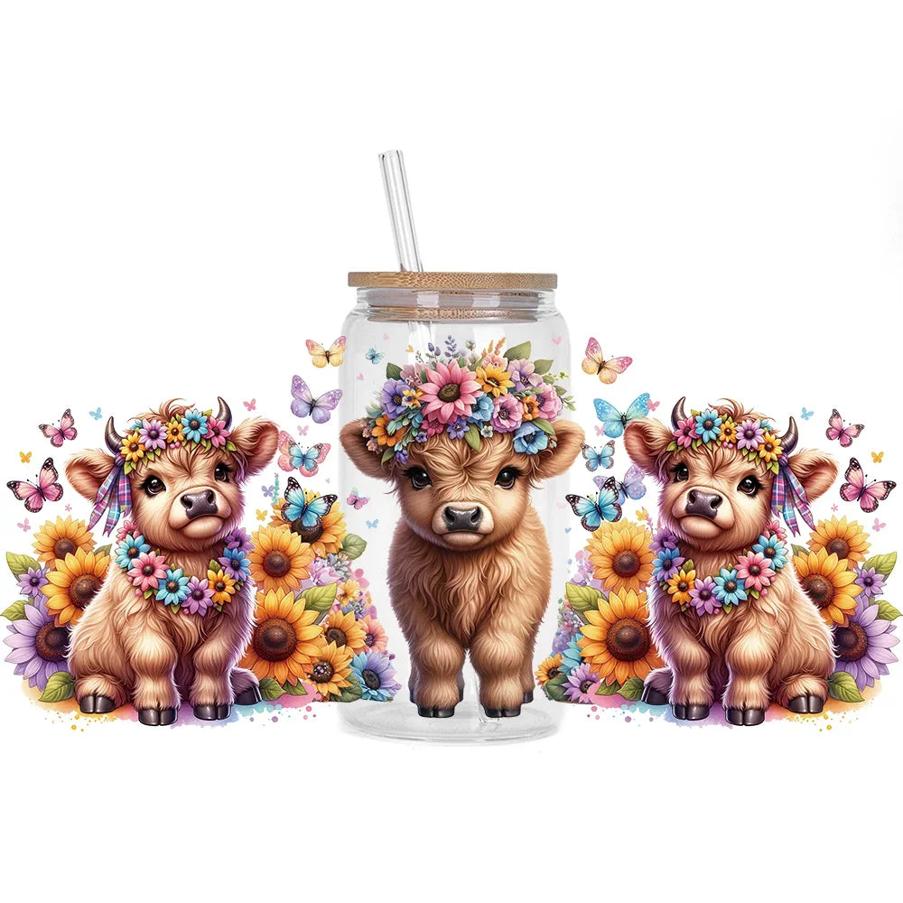 Highland Cattle Baby 16oz UV DTF Sticker Cup Personalize UV Wrap Label DIY Logo Self Adhesive Cow Design 3D Transfer Sticker