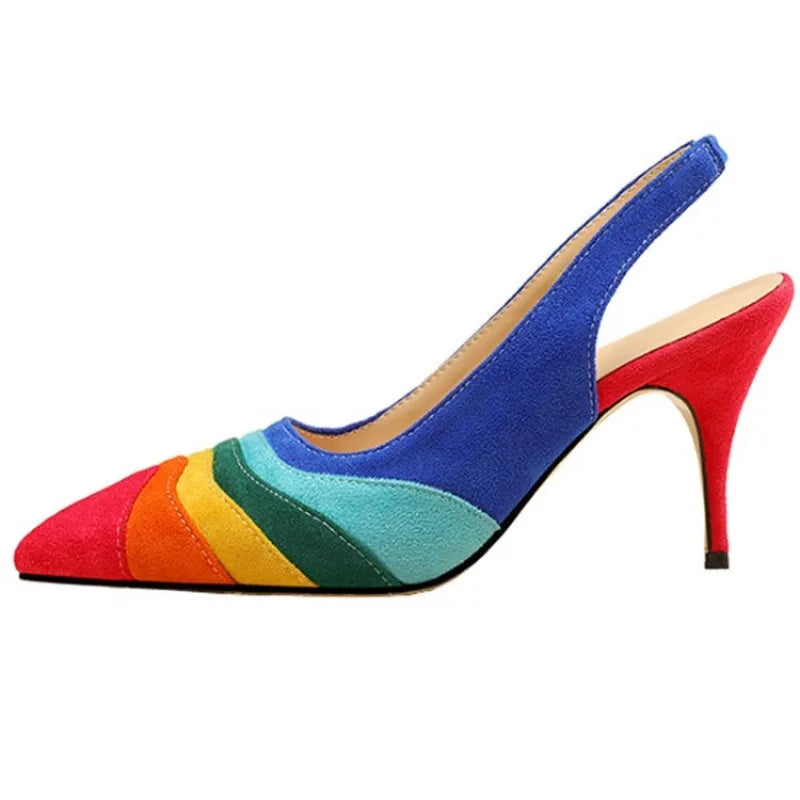Summer New Rainbow Mixed Color 8cm High Heel Sandals  Women's French Pointed Shallow Mouth Runway Banquet Wedding Shoes size 43