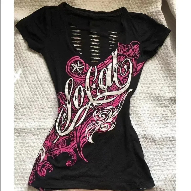 Gothic T-shirts Women Vintage Punk Y2k Crop Tops Punk Skull Black Hot Girl Tshirt Short Sleeve Fashion Street Tees Sxey Vintage