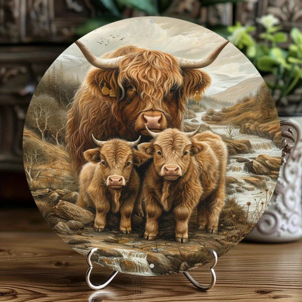 Highland Cow Family 2D Art Deco Wreath Sign, Round Metal Wall Decor, Ideal for Home, Apartment, Aluminum Artwork for Living Room