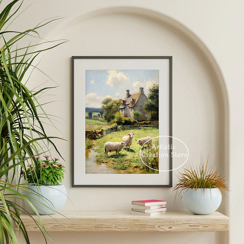 Countryside Highland Sheep Poster Modern Farmhouse Wall Art Pink Sheep Animals Print Canvas Painting Wall Living Room Home Decor