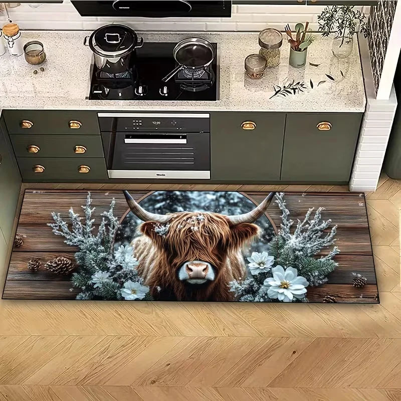 Highland Cows and Flowers Pattern Mat Non-Slip Kitchen Mat, Fashionable Home Decor for Living Rooms, Bedrooms, Hallway Entrances
