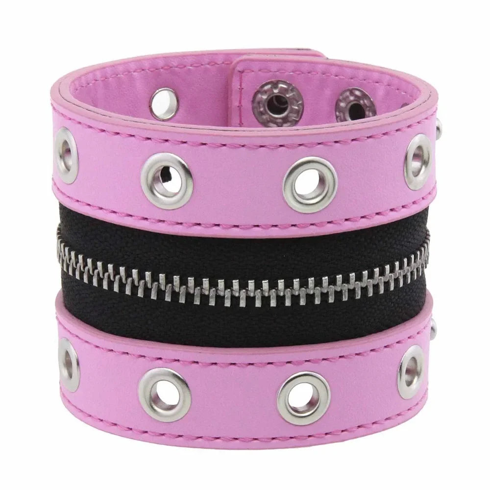 Gothic Leather Bracelet Zipper Punk Rivet Wrap Bracelets Button Wristband Men Women Fashion Accessories