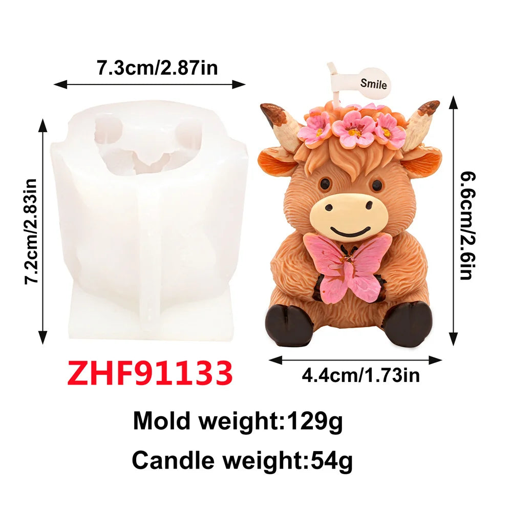 Scottish Highland Cow Candle Mold 3D Animal Mold Highland Cow Silicone Mold Scottish Doll Cow Resin Mold Creative Birthday Gift