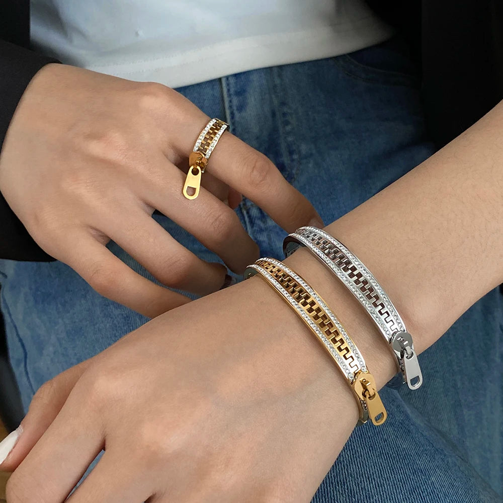 AENSOA Luxurious Zipper Style Stainless Steel Waterproof Rust Resistant Bracelets Inlaid Rhinestone Gold Plated Bracelet Bangles