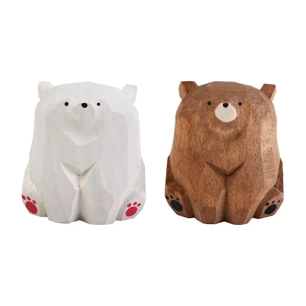 Animal Sculptures Solid Wood Wooden Bear Figurines Hand Carved Realistic Polar Bear Ornament Cute Funny Mini Bear Statue Car