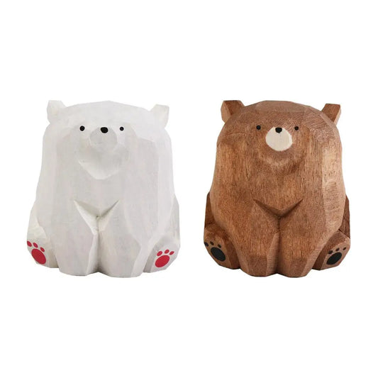 Animal Sculptures Solid Wood Wooden Bear Figurines Hand Carved Realistic Polar Bear Ornament Cute Funny Mini Bear Statue Car