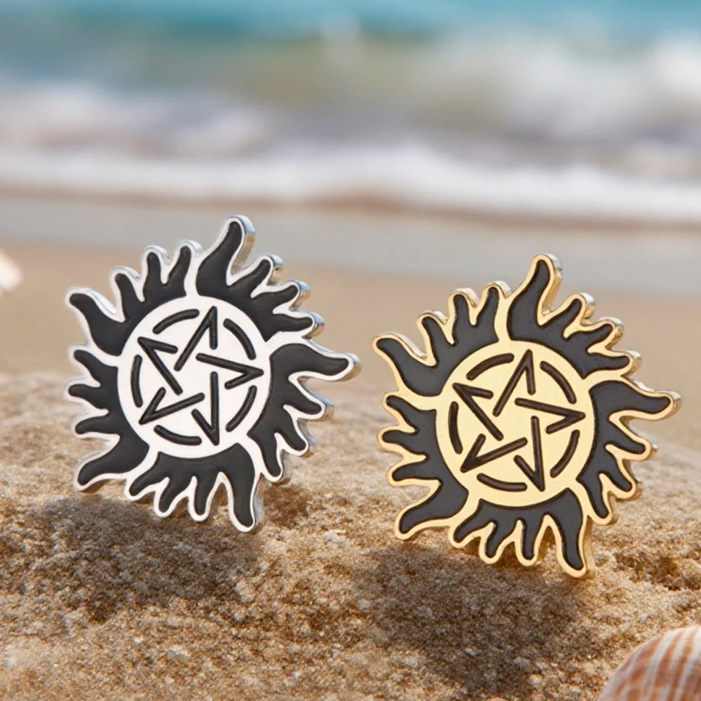 Dawapara Supernatural Anti Possession Symbol Brooch Pins Sunshine Pentagram Protection Amulet Stainless Steel Jewelry