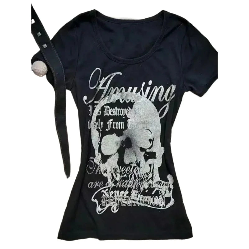 Gothic T-shirts Women Vintage Punk Y2k Crop Tops Punk Skull Black Hot Girl Tshirt Short Sleeve Fashion Street Tees Sxey Vintage