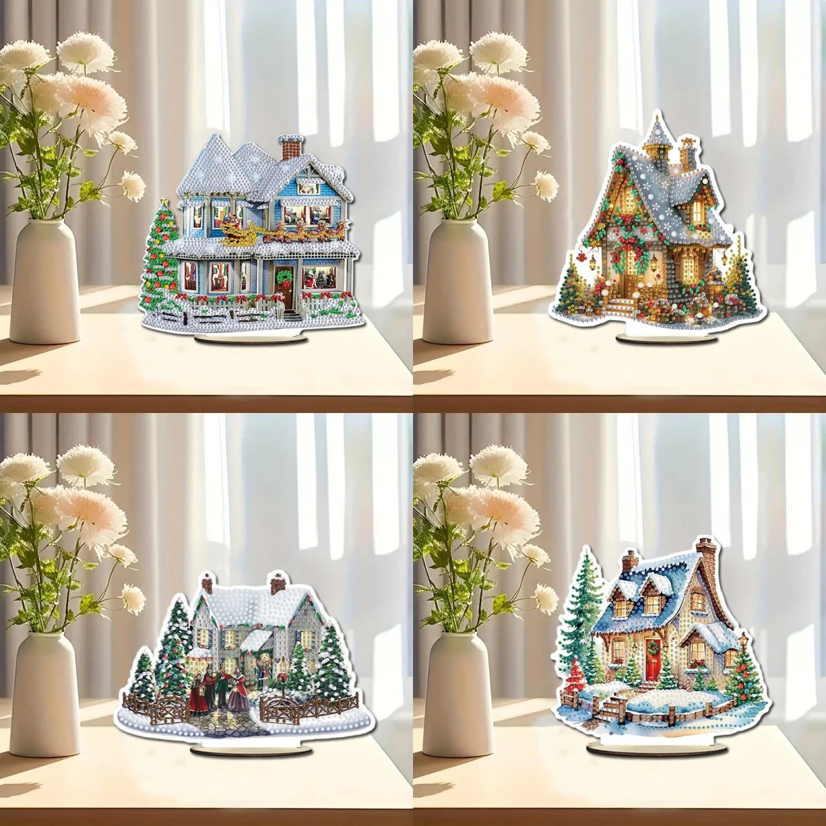A DIY house scene diamond painting art piece is a decorative item used to decorate a single-sided crystal desktop for adults