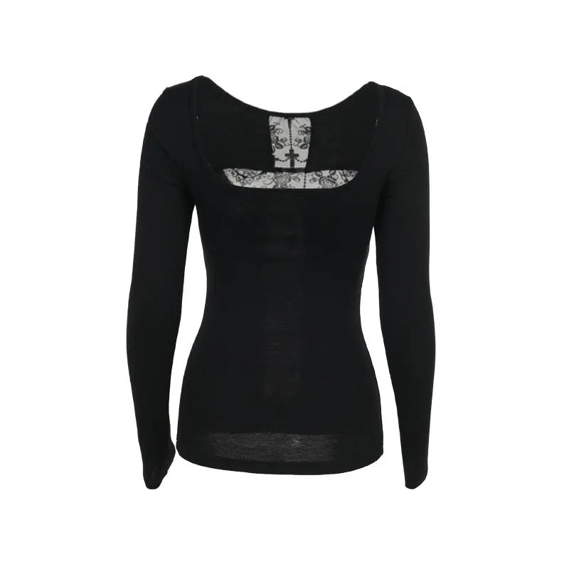 Gothic T-shirt for Women Sexy Hollow Out Mesh Cross Half Turtleneck Black Slim Soft Velvet Long Sleeve  Crop Tops