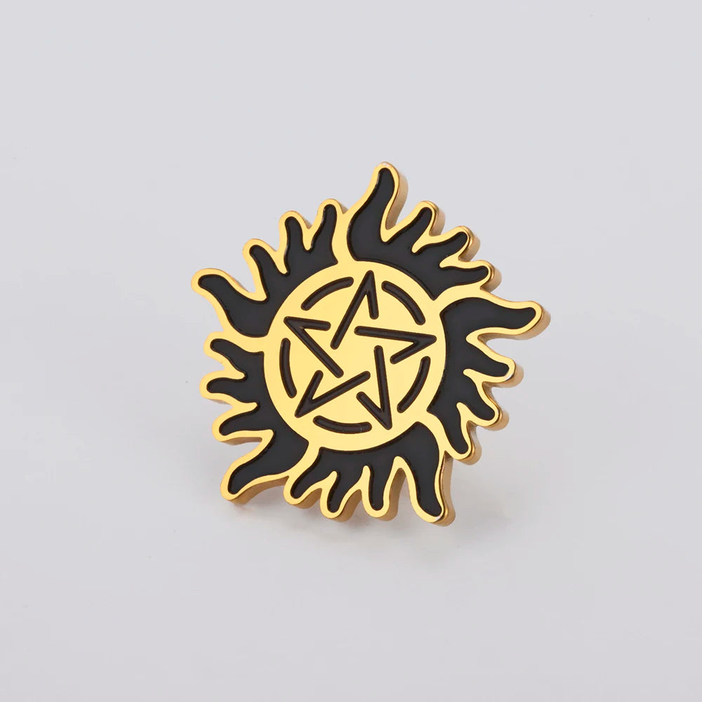 Dawapara Supernatural Anti Possession Symbol Brooch Pins Sunshine Pentagram Protection Amulet Stainless Steel Jewelry