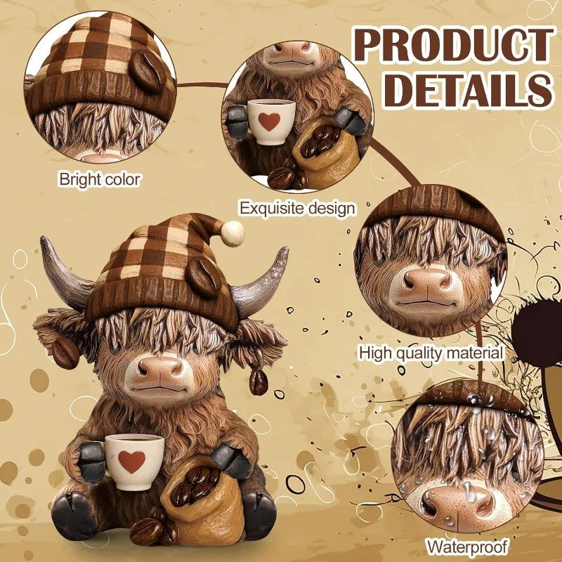 Scottish Highland Cow Statue Mini Cow Figurine Dwarf Resin Ornament Craft Miniatures Festive Christmas Gift Desk Home Decoration