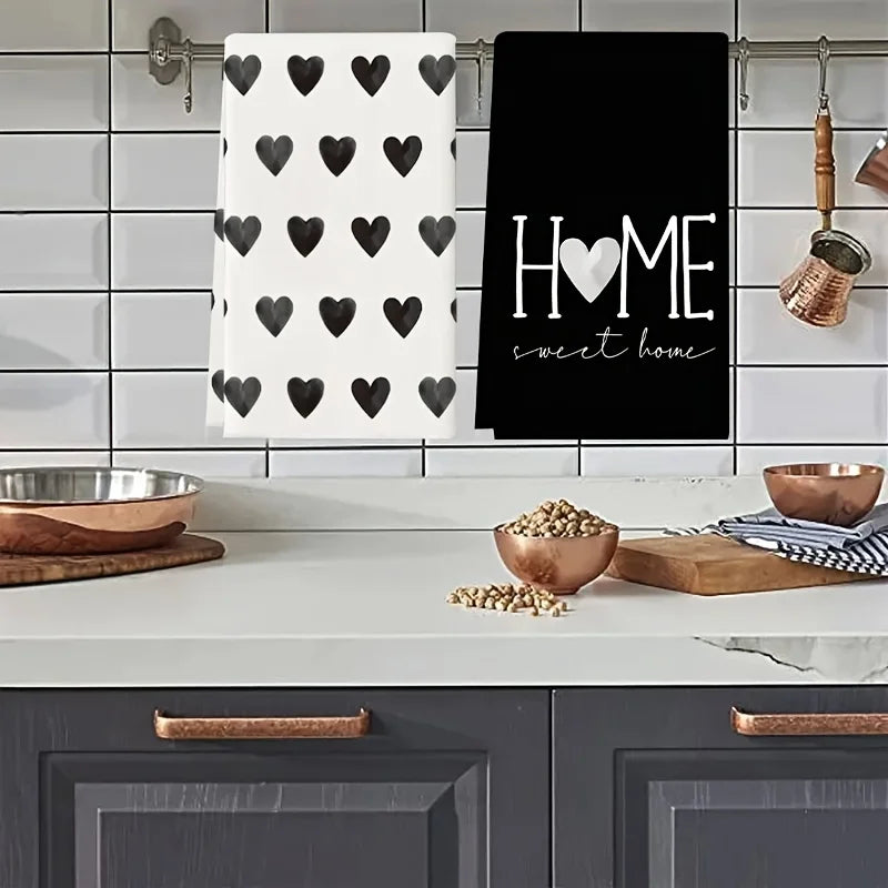 2-Pack Black Heart-Shaped Valentine's Day Kitchen Towels, Dish Towels, Hand Towels, Holiday Decorative Hand Towels, Soft Absorbent Drying Cloths, Kitchen Decoration, Table Decoration, Kitchen Supplies, Home Decoration