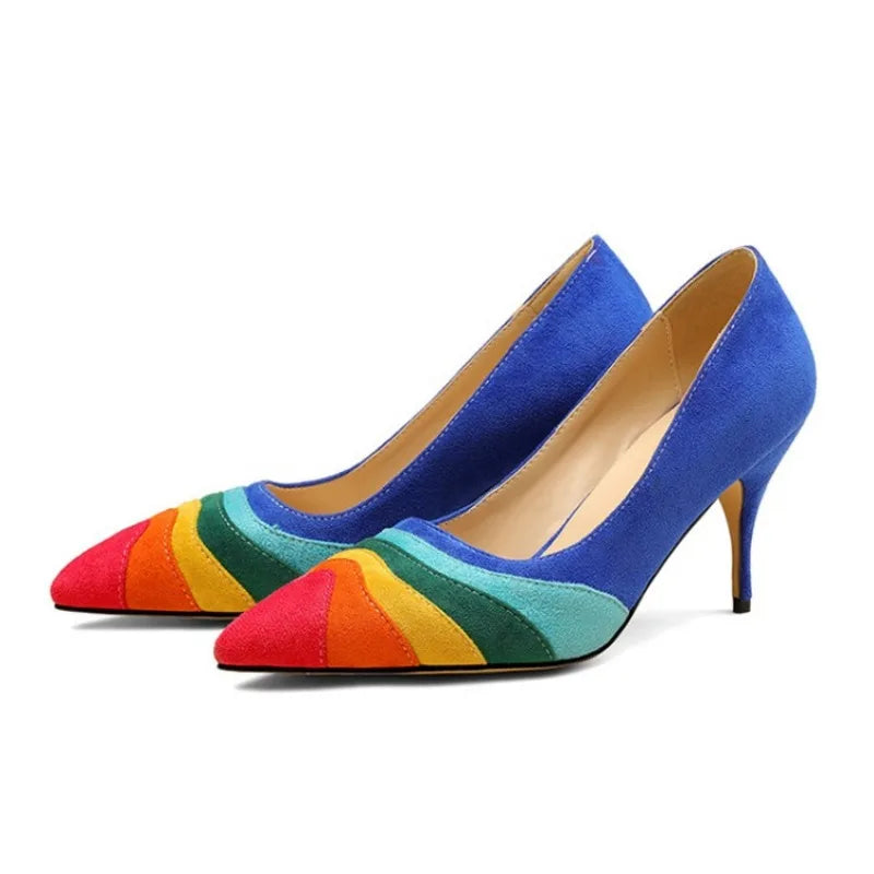 Summer New Rainbow Mixed Color 8cm High Heel Sandals  Women's French Pointed Shallow Mouth Runway Banquet Wedding Shoes size 43