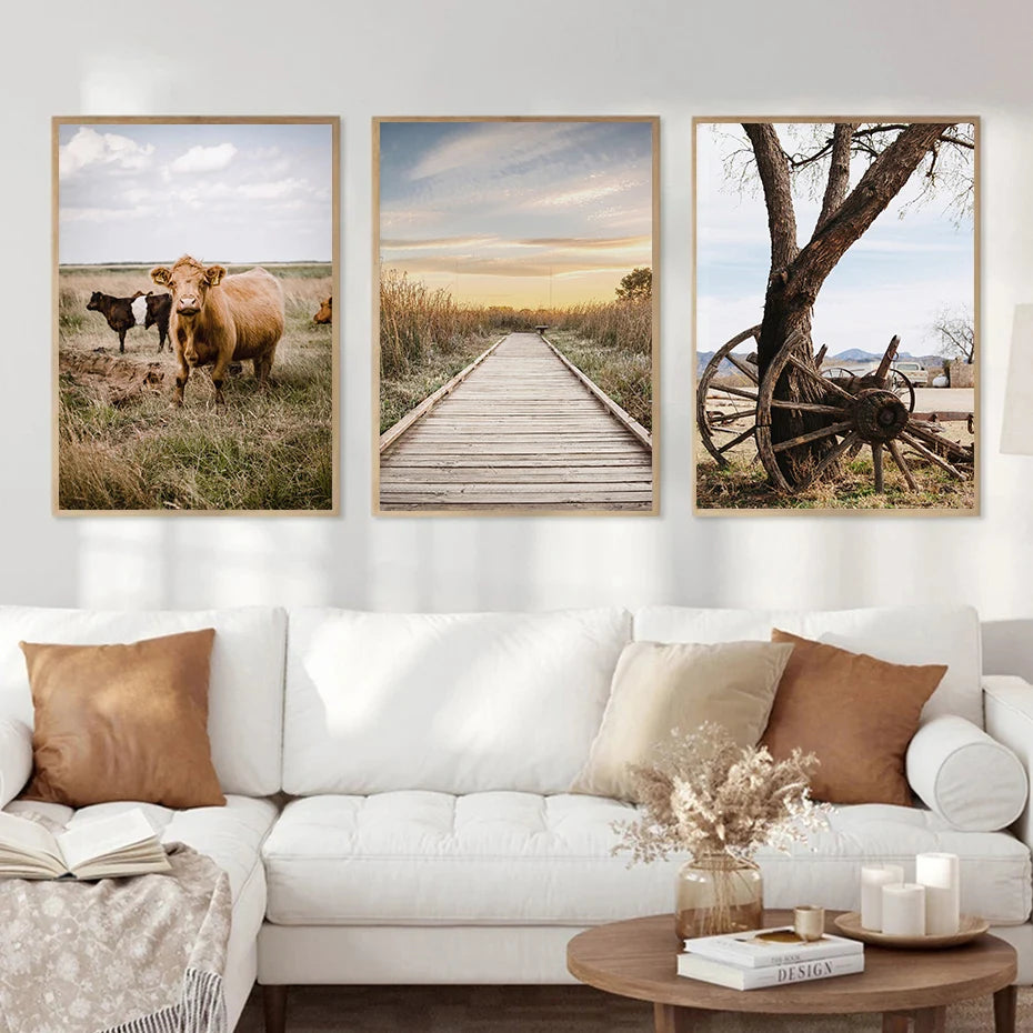 Nature Highland Cow Deer Wood Log Pile Horse Lake Photography Canvas Painting Print Landscape Poster for Living Room Home Decor