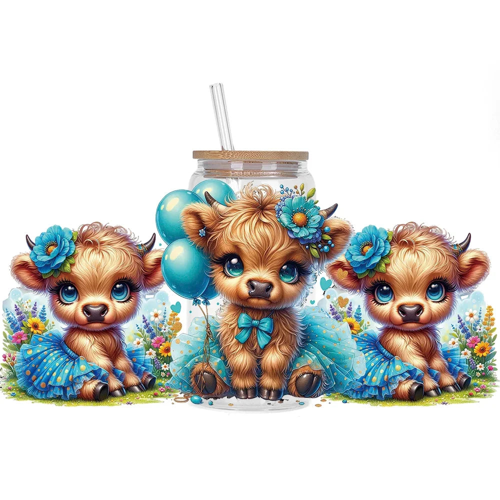Highland Cattle Baby 16oz UV DTF Sticker Cup Personalize UV Wrap Label DIY Logo Self Adhesive Cow Design 3D Transfer Sticker