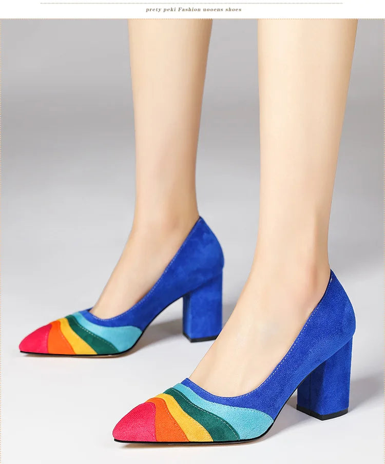 Summer New Rainbow Mixed Color 8cm High Heel Sandals  Women's French Pointed Shallow Mouth Runway Banquet Wedding Shoes size 43