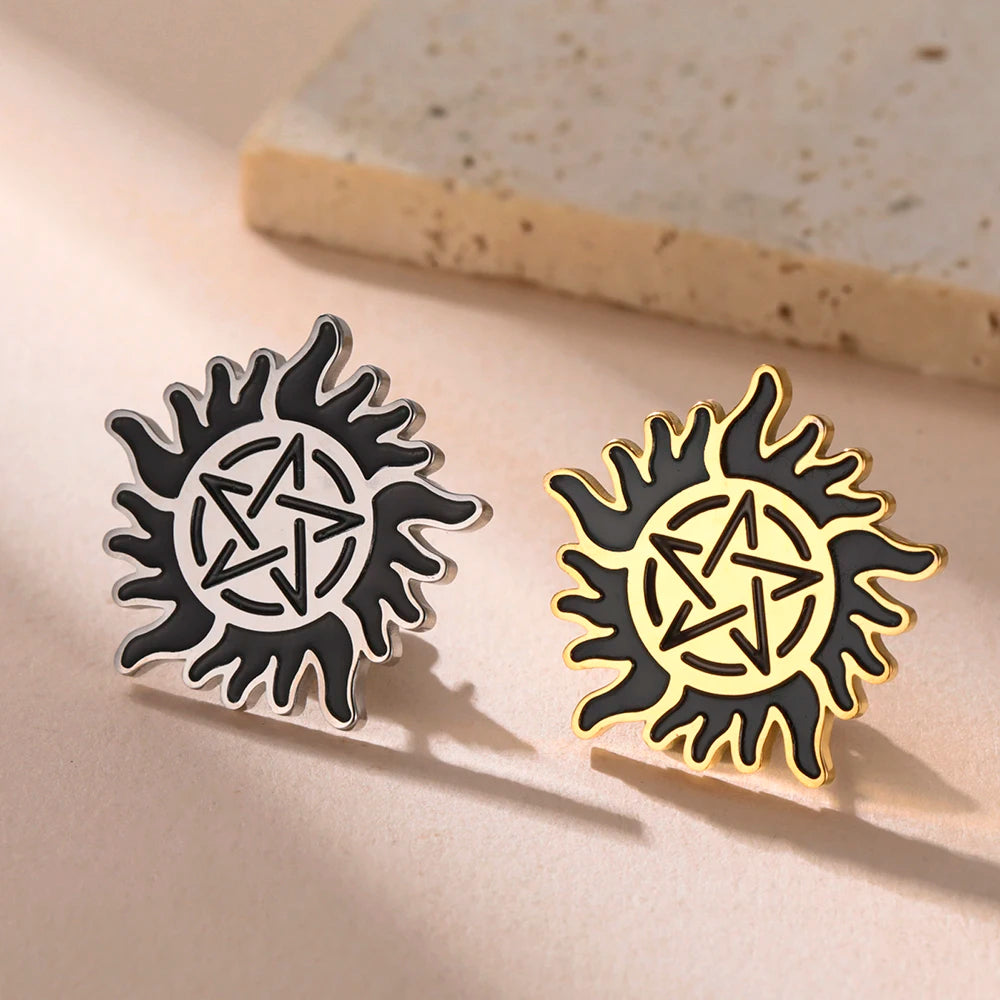 Dawapara Supernatural Anti Possession Symbol Brooch Pins Sunshine Pentagram Protection Amulet Stainless Steel Jewelry